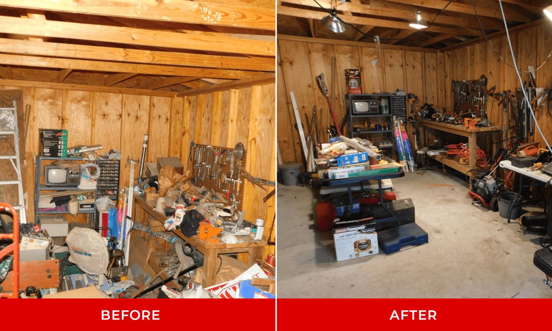 A before and after image of a store room organized and unorganized