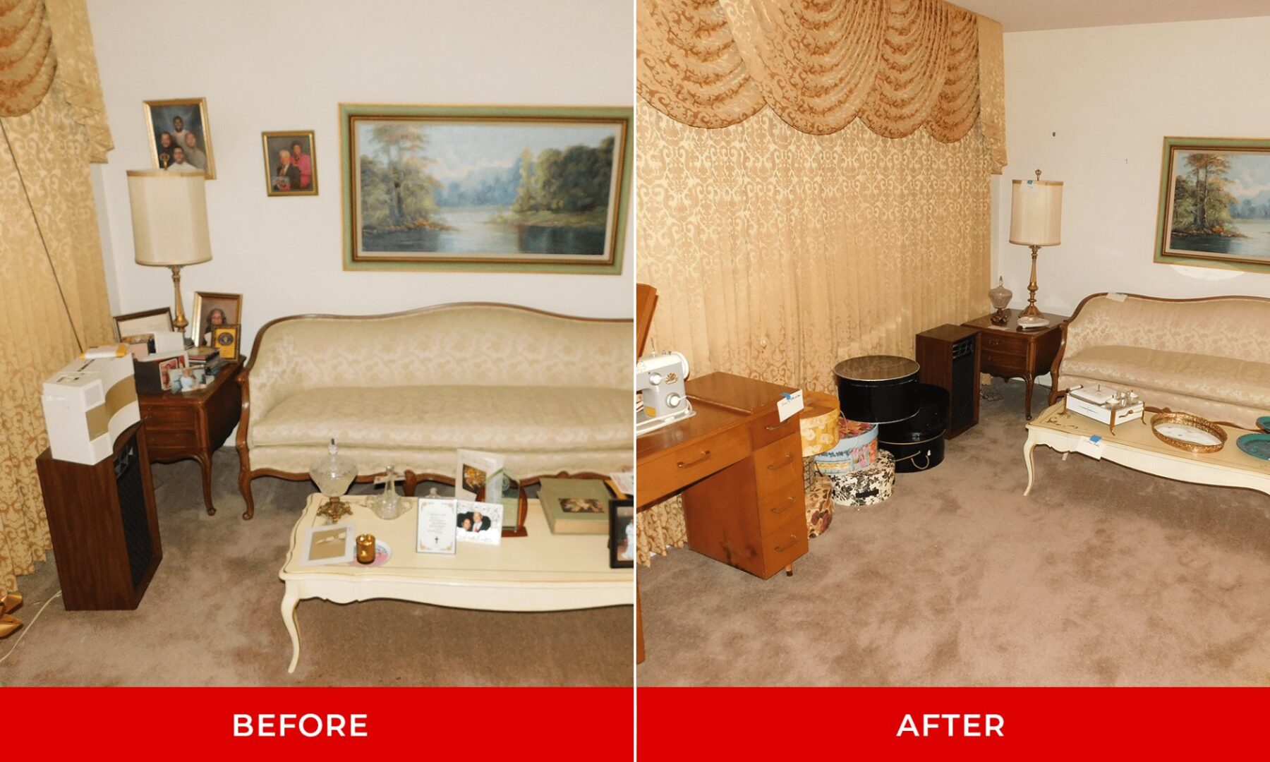 A before and after image of a room organized and unorganized