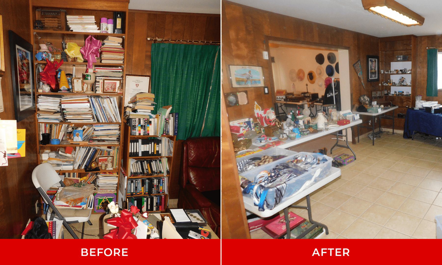 A before and after image of a room organized and unorganized