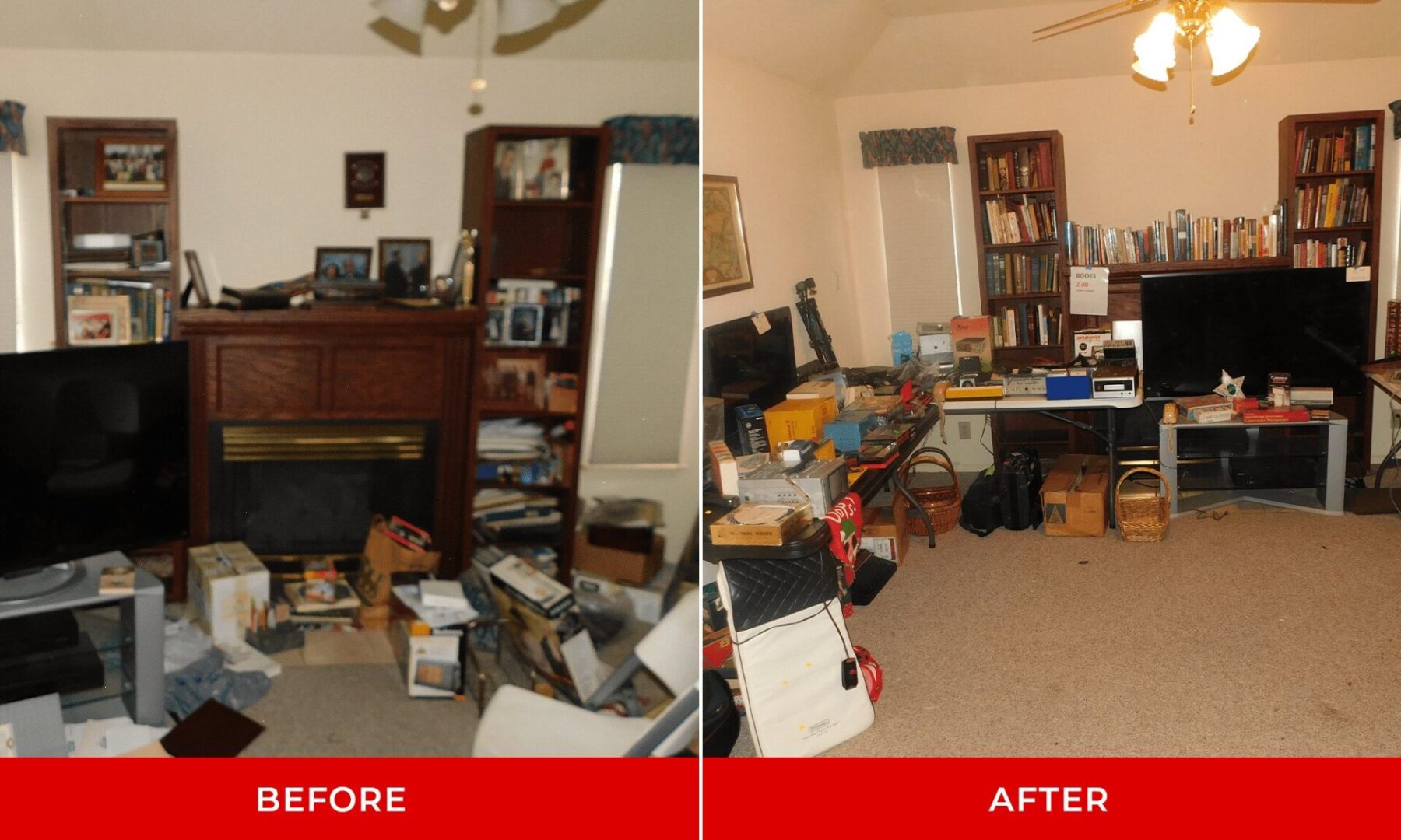 A before and after image of a room organized and unorganized