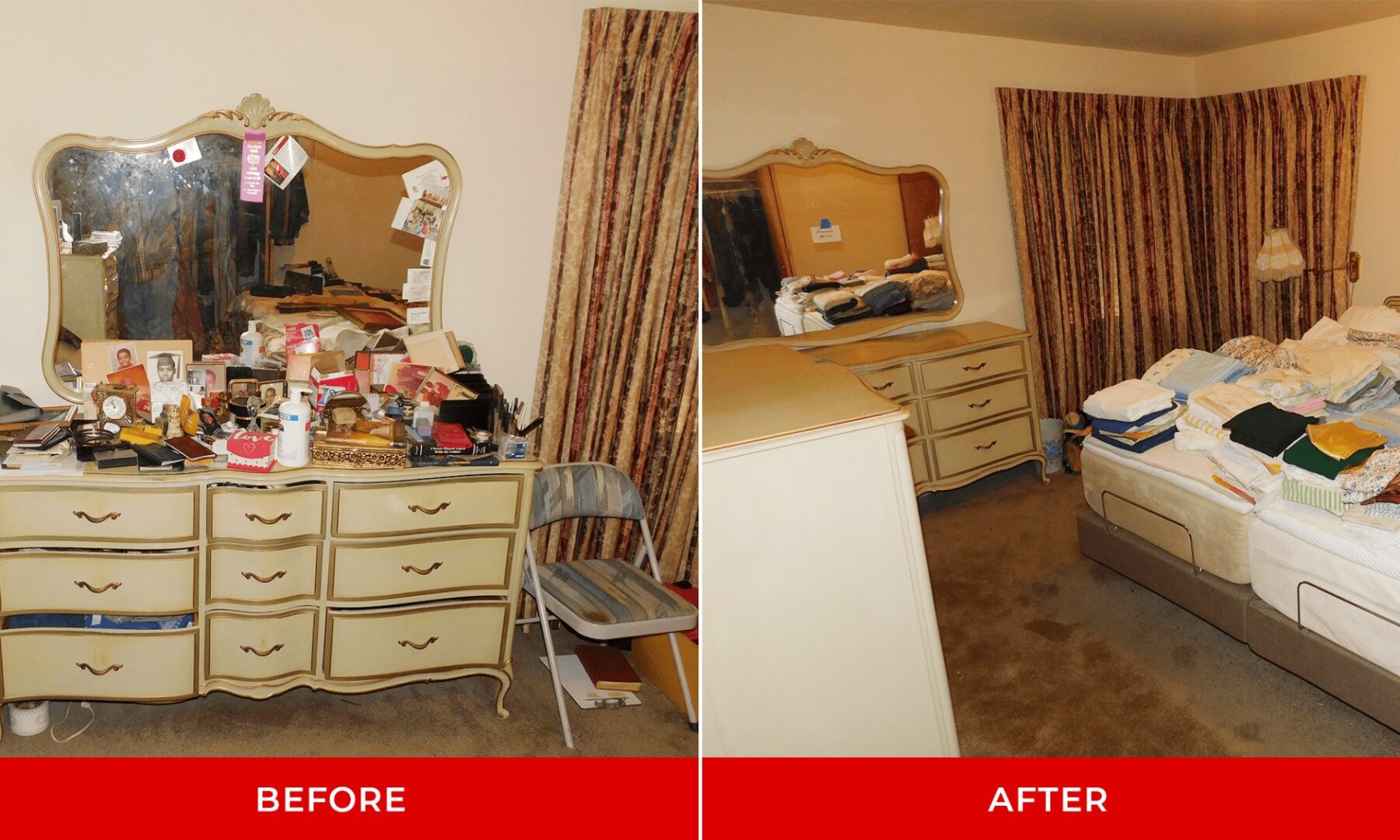 A before and after image of a room organized and unorganized