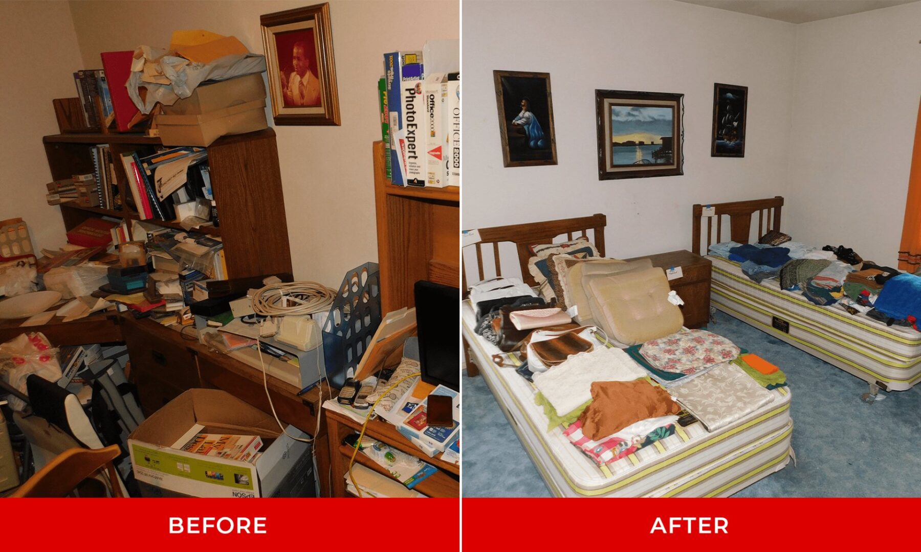 A before and after image of a room organized and unorganized