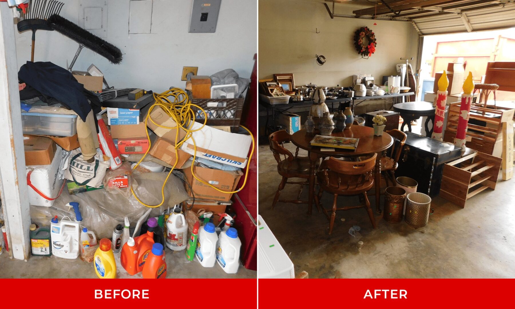 A before and after image of a room organized and unorganized